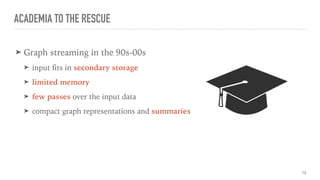 ACADEMIA TO THE RESCUE
➤ Graph streaming in the 90s-00s
➤ input fits in secondary storage
➤ limited memory
➤ few passes over the input data
➤ compact graph representations and summaries
13
 
