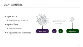 GRAPH SUMMARIES
➤ spanners
➤ connectivity, distance
➤ sparsifiers
➤ cut estimation
➤ neighborhood sketches
graph summary
~algorithm algorithmR1 R2
14
 