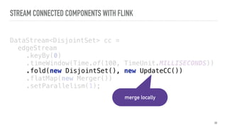 STREAM CONNECTED COMPONENTS WITH FLINK
DataStream<DisjointSet> cc =
edgeStream 
.keyBy(0) 
.timeWindow(Time.of(100, TimeUnit.MILLISECONDS)) 
.fold(new DisjointSet(), new UpdateCC()) 
.flatMap(new Merger()) 
.setParallelism(1);
38
merge locally
 