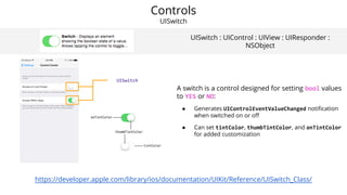 Controls
UISegmentedControl
UISegmentedControl : UIControl : UIView :
UIResponder : NSObject
https://developer.apple.com/l...