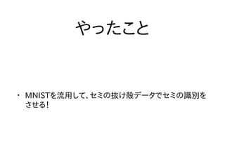 やったこと
• MNISTを流用して、セミの抜け殻データでセミの識別を
させる！
 