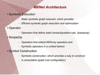 MXNet Architecture
● Symbolic Execution
– Static symbolic graph executor, which provides
– Efficient symbolic graph execution and optimization
● Operator
– Operators that define static forward/gradient calc (backprop)
● SimpleOp
– Operators that extend NDArray operators and
– Symbolic operators in a unified fashion
● Symbol Construction
– Symbolic construction, which provides a way to construct
– A computation graph (net configuration)
 