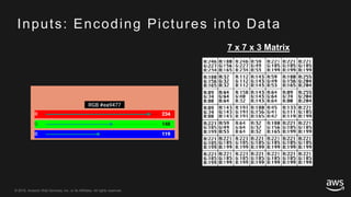 © 2018, Amazon Web Services, Inc. or its Affiliates. All rights reserved.© 2018, Amazon Web Services, Inc. or its Affiliates. All rights reserved.
Inputs: Encoding Pictures into Data
7 x 7 x 3 Matrix
 