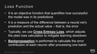© 2018, Amazon Web Services, Inc. or its Affiliates. All rights reserved.© 2018, Amazon Web Services, Inc. or its Affiliates. All rights reserved.
Loss Function
• It is an objective function that quantifies how successful
the model was in its predictions
• It is a measure of the difference between a neural net’s
prediction and the actual value – that is, the error
• Typically, we use Cross Entropy Loss, which adjusts
the plain loss calculation to mitigate learning slowdown
• Backpropagation is performed to calculate the error
contribution of each neuron after processing one batch
 