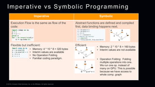© 2018, Amazon Web Services, Inc. or its Affiliates. All rights reserved.
Imperative vs Symbolic Programming
Imperative Symbolic
Execution Flow is the same as flow of the
code:
Abstract functions are defined and compiled
first, data binding happens next.
Flexible but inefficient: Efficient
• Memory: 4 * 10 * 8 = 320 bytes
• Interim values are available
• No Operation Folding.
• Familiar coding paradigm.
• Memory: 2 * 10 * 8 = 160 bytes
• Interim values are not available
• Operation Folding: Folding
multiple operations into one.
We run one op. instead of
many on GPU. This is possible
because we have access to
whole comp. graph
 