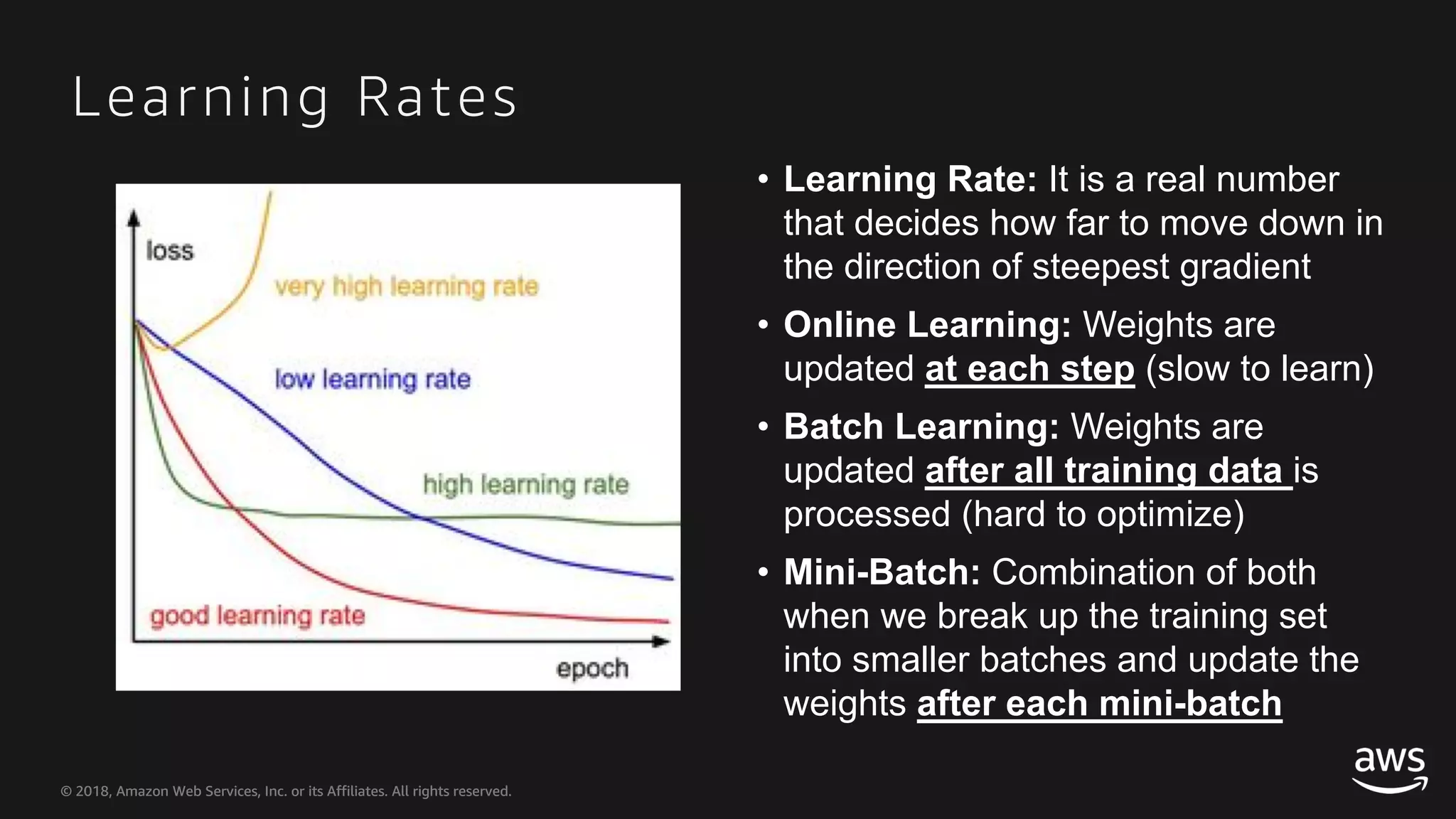 © 2018, Amazon Web Services, Inc. or its Affiliates. All rights reserved.© 2018, Amazon Web Services, Inc. or its Affiliates. All rights reserved. Learning Rates • Learning Rate: It is a real number that decides how far to move down in the direction of steepest gradient • Online Learning: Weights are updated at each step (slow to learn) • Batch Learning: Weights are updated after all training data is processed (hard to optimize) • Mini-Batch: Combination of both when we break up the training set into smaller batches and update the weights after each mini-batch 