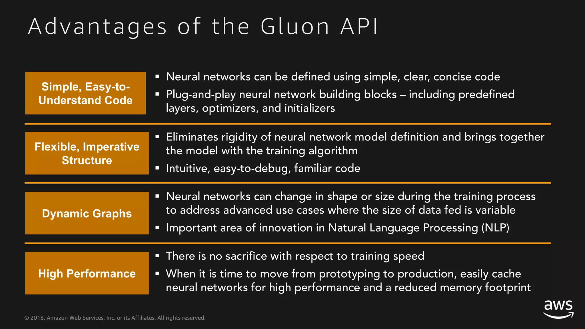 © 2018, Amazon Web Services, Inc. or its Affiliates. All rights reserved.© 2018, Amazon Web Services, Inc. or its Affiliates. All rights reserved. Advantages of the Gluon API Simple, Easy-to- Understand Code Flexible, Imperative Structure Dynamic Graphs High Performance § Neural networks can be defined using simple, clear, concise code § Plug-and-play neural network building blocks – including predefined layers, optimizers, and initializers § Eliminates rigidity of neural network model definition and brings together the model with the training algorithm § Intuitive, easy-to-debug, familiar code § Neural networks can change in shape or size during the training process to address advanced use cases where the size of data fed is variable § Important area of innovation in Natural Language Processing (NLP) § There is no sacrifice with respect to training speed § When it is time to move from prototyping to production, easily cache neural networks for high performance and a reduced memory footprint 
