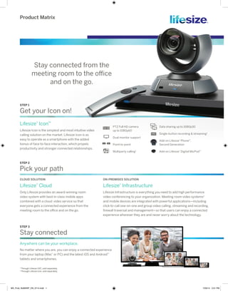 Stay connected from the 
meeting room to the office 
ON-PREMISES SOLUTION 
Lifesize® Infrastructure 
Lifesize Infrastructure is everything you need to add high performance 
video conferencing to your organization. Meeting room video systems2 
and mobile devices are integrated with powerful applications—including 
click-to-call one-on-one and group video calling, streaming and recording, 
firewall traversal and management—so that users can enjoy a connected 
experience wherever they are and never worry about the technology. 
Product Matrix 
and on the go. 
STEP 1 
Get your Icon on! 
Lifesize® Icon™ 
Lifesize Icon is the simplest and most intuitive video 
calling solution on the market. Lifesize Icon is as 
easy to operate as a smartphone with the added 
bonus of face-to-face interaction, which propels 
productivity and stronger connected relationships. 
STEP 2 
Pick your path 
CLOUD SOLUTION 
Lifesize® Cloud 
Only Lifesize provides an award-winning room 
video system with best-in-class mobile apps 
combined with a cloud video service so that 
everyone gets a connected experience from the 
meeting room to the office and on the go. 
STEP 3 
Stay connected 
Anywhere can be your workplace. 
No matter where you are, you can enjoy a connected experience 
from your laptop (Mac® or PC) and the latest iOS and Android™ 
tablets and smartphones. 
1 Through Lifesize UVC, sold separately. 
2 Through Lifesize Icon, sold separately. 
PTZ Full HD camera 
up to 1080p60 
Dual monitor support 
Point-to-point 
Multiparty calling1 
Data sharing up to 1080p30 
Single-button recording & streaming1 
Add-on Lifesize® Phone™, 
Second Generation 
Add-on Lifesize® Digital MicPod™ 
MX_Prod_NoMSRP_EN_0714.indd 1 7/29/14 2:01 PM 
 