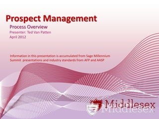 Prospect Management
Process Overview
Presenter: Ted Van Patten
April 2012
Information in this presentation is accumulated from Sage Millennium
Summit presentations and industry standards from AFP and AASP
 