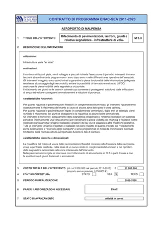 CONTRATTO DI PROGRAMMA ENAC-SEA 2011-2020

                                          AEROPORTO DI MALPENSA

                                         Rifacimento di pavimentazioni, lastroni, giunti e
1   TITOLO DELL'INTERVENTO                                                                                          M 5.3
                                            relativa segnaletica - infrastrutture di volo-

2   DESCRIZIONE DELL'INTERVENTO


    ubicazione:

    Infrastrutture varie "air side".

    motivazioni:

    Il continuo utilizzo di piste, vie di rullaggio e piazzali richiede l'esecuzione di periodici interventi di manu-
    tenzione straordinaria da programmare - anno dopo anno - nelle differenti aree operative dell'aeroporto.
    Gli interventi in oggetto sono quindi mirati a garantire la piena funzionalità delle infrastrutture (adeguata
    resistenza al passaggio degli aeromobili), evitare la possibilità di formazione e rilascio di FOD,
    assicurare la piena visibilità della segnaletica orizzontale.
    Il rifacimento dei giunti tra le lastre in calcestruzzo consente di proteggere i sottofondi dalle infiltrazioni
    di acqua ed evitare conseguenti ammaloramenti e riduzioni di portanza.

    caratteristiche funzionali:

    Per quanto riguarda le pavimentazioni flessibili (in conglomerato bituminoso) gli interventi riguarderanno
    essenzialmente il rifacimento del manto di usura di alcune zone delle piste e delle taxiway.
    Per quanto riguarda le pavimentazioni rigide (in conglomerato cementizio), dopo anni di esercizio viene
    richiesto il rifacimento dei giunti di dilatazione e la riqualifica di alcune lastre ammalorate.
    Gli interventi di ripristino / adeguamento della segnaletica orizzontale si rendono necessari con cadenza
    periodica (normalmente una volta all'anno) per ripristinare la piena visibilità dei marking e risultano inoltre
    necessari ogniqualvolta vengano realizzate variazioni del lay-out di piazzale o altre modifiche operative.
    Tutti gli interventi vengono progettati e realizzati nel pieno rispetto di quanto previsto dal "Regolamento
    per la Costruzione e l'Esercizio degli Aeroporti" e sono programmati in modo da minimizzare eventuali
    limitazioni della normale attività aeroportuale durante le fasi di cantiere.

    caratteristiche tecniche e dimensionali:

    La riqualifica del manto di usura delle pavimentazioni flessibili consiste nella fresatura della pavimenta-
    zione superficiale esistente, nella stesa di un nuovo strato in conglomerato bituminoso e nel ripristino
    della segnaletica orizzontale nelle zone interessate dall'intervento.
    Nelle pavimentazioni rigide si interviene con il rifacimento di alcune lastre in CLS o parti di esse e con
    la sostituzione di giunti distaccati o ammalorati.



3   COSTO TOTALE DELL'INTERVENTO (di cui 5.000.000 nel periodo 2011-2015)                       €         11.000.000
                                 (importo annuo previsto 1.000.000 €)
4   FONTI DI COPERTURA                         STATO                  SEA                       X               TERZI

5   PERIODO DI REALIZZAZIONE                                                                              2010-2020


6   PARERI / AUTORIZZAZIONI NECESSARI                                                       ENAC


7   STATO DI AVANZAMENTO                                                              attività in corso
 