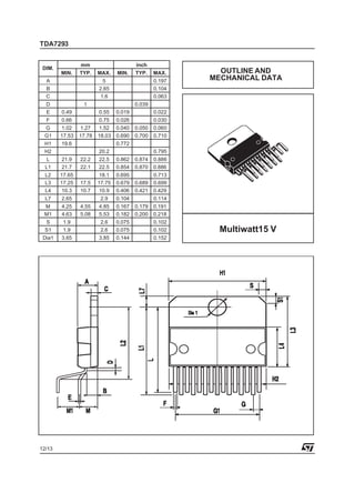 TDA7293


                mm                      inch
 DIM.
        MIN.    TYP.    MAX.    MIN.    TYP.    MAX.      OUTLINE AND
  A                       5                     0.197   MECHANICAL DATA
  B                     2.65                    0.104
  C                      1.6                    0.063
  D              1                      0.039
  E     0.49            0.55    0.019           0.022
  F     0.66            0.75    0.026           0.030
 G      1.02    1.27    1.52 0.040      0.050   0.060
 G1     17.53   17.78   18.03 0.690     0.700   0.710
 H1     19.6                    0.772
 H2                     20.2                    0.795
   L    21.9    22.2    22.5    0.862   0.874   0.886
  L1    21.7    22.1    22.5    0.854   0.870   0.886
  L2    17.65            18.1   0.695           0.713
  L3    17.25   17.5    17.75   0.679   0.689   0.699
  L4     10.3   10.7     10.9   0.406   0.421   0.429
  L7    2.65             2.9    0.104           0.114
 M      4.25    4.55    4.85    0.167   0.179   0.191
 M1     4.63    5.08    5.53    0.182   0.200   0.218
  S      1.9             2.6    0.075           0.102
  S1     1.9             2.6    0.075           0.102     Multiwatt15 V
 Dia1   3.65            3.85    0.144           0.152




12/13
 