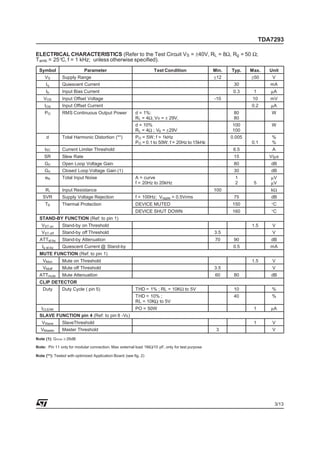 TDA7293

ELECTRICAL CHARACTERISTICS (Refer to the Test Circuit VS = ±40V, RL = 8Ω, Rg = 50 Ω;
T amb = 25°C, f = 1 kHz; unless otherwise specified).
  Symbol                    Parameter                             Test Condition               Min.   Typ.    Max.     Unit
     VS        Supply Range                                                                    ±12            ±50       V
     Iq        Quiescent Current                                                                       30              mA
     Ib        Input Bias Current                                                                      0.3     1       µA
    VOS        Input Offset Voltage                                                            -10             10      mV
     IOS       Input Offset Current                                                                           0.2      µA
     PO        RMS Continuous Output Power               d = 1%:                                       80               W
                                                         R L = 4Ω; VS = ± 29V,                         80
                                                         d = 10%                                      100               W
                                                         R L = 4Ω ; VS = ±29V                         100
      d        Total Harmonic Distortion (**)            PO = 5W; f = 1kHz                            0.005             %
                                                         PO = 0.1 to 50W; f = 20Hz to 15kHz                   0.1       %
     ISC       Current Limiter Threshold                                                               6.5              A
    SR         Slew Rate                                                                               15              V/µs
     GV        Open Loop Voltage Gain                                                                  80              dB
     GV        Closed Loop Voltage Gain (1)                                                            30              dB
     eN        Total Input Noise                         A = curve                                      1              µV
                                                         f = 20Hz to 20kHz                              2      5       µV
     Ri        Input Resistance                                                                100                     kΩ
    SVR        Supply Voltage Rejection                  f = 100Hz; Vripple = 0.5Vrms                  75              dB
     TS        Thermal Protection                        DEVICE MUTED                                 150              °C
                                                         DEVICE SHUT DOWN                             160              °C
  STAND-BY FUNCTION (Ref: to pin 1)
   VST on      Stand-by on Threshold                                                                          1.5       V
   VST off     Stand-by off Threshold                                                          3.5                      V
  ATTst-by     Stand-by Attenuation                                                            70      90              dB
   Iq st-by    Quiescent Current @ Stand-by                                                            0.5             mA
  MUTE FUNCTION (Ref: to pin 1)
    VMon       Mute on Threshold                                                                              1.5       V
    VMoff      Mute off Threshold                                                              3.5                      V
  ATTmute      Mute AttenuatIon                                                                60      80              dB
  CLIP DETECTOR
    Duty       Duty Cycle ( pin 5)                       THD = 1% ; RL = 10KΩ to 5V                    10               %
                                                         THD = 10% ;                                   40               %
                                                         RL = 10KΩ to 5V
   ICLEAK                                                PO = 50W                                              1       µA
  SLAVE FUNCTION pin 4 (Ref: to pin 8 -VS)
   VSlave      SlaveThreshold                                                                                  1        V
  VMaster      Master Threshold                                                                 3                       V
Note (1): GVmin ≥ 26dB

Note: Pin 11 only for modular connection. Max external load 1MΩ/10 pF, only for test purpose

Note (**): Tested with optimized Application Board (see fig. 2)




                                                                                                                         3/13
 