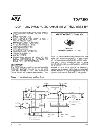 ®                                                                                                                    TDA7293

    120V - 100W DMOS AUDIO AMPLIFIER WITH MUTE/ST-BY

  VERY HIGH OPERATING VOLTAGE RANGE
  (±50V)                                                                                  MULTIPOWER BCD TECHNOLOGY
  DMOS POWER STAGE
  HIGH OUTPUT POWER (100W @ THD =
  10%, RL = 8Ω, VS = ±40V)
  MUTING/STAND-BY FUNCTIONS
  NO SWITCH ON/OFF NOISE
  VERY LOW DISTORTION
  VERY LOW NOISE                                                                                    Multiwatt15
  SHORT CIRCUIT PROTECTION                                                                  ORDERING NUMBER: TDA7293V
  THERMAL SHUTDOWN
  CLIP DETECTOR
  MODULARITY (MORE DEVICES CAN BE                                                class TV). Thanks to the wide voltage range and
  EASILY CONNECTED IN PARALLEL TO                                                to the high out current capability it is able to sup-
                                                                                 ply the highest power into both 4Ω and 8Ω loads.
  DRIVE VERY LOW IMPEDANCES)
                                                                                 The built in muting function with turn on delay
DESCRIPTION                                                                      simplifies the remote operation avoiding switching
                                                                                 on-off noises.
The TDA7293 is a monolithic integrated circuit in                                Parallel mode is made possible by connecting
Multiwatt15 package, intended for use as audio                                   more device through of pin11. High output power
class AB amplifier in Hi-Fi field applications                                   can be delivered to very low impedance loads, so
(Home Stereo, self powered loudspeakers, Top-                                    optimizing the thermal dissipation of the system.

Figure 1: Typical Application and Test Circuit


                                                                C7 100nF                          +Vs   C6 1000µF

                                                R3 22K
                                                                       +Vs       BUFFER DRIVER         +PWVs
                    C2
                         R2                                                  7       11                13
                   22µF 680Ω
                                         IN-     2
                                                                   -
                                                                                                                        14     OUT
                       C1 470nF
                                     IN+         3
                                                                   +
                                                                                                                               BOOT
                     R1 22K                                                                                             12     LOADER
                                  SGND           4                                                                                 C5
                                                                                                                                  22µF             (*)
                                  (**)
                                                                                                                        6
                                                                                                                               BOOTSTRAP
     VMUTE         R5 10K         MUTE           10                                                                     5
                                                         MUTE                     THERMAL            S/C                                   VCLIP
                                                                                                                               CLIP DET
                                                                                 SHUTDOWN         PROTECTION
      VSTBY                       STBY           9       STBY
                   R4 22K
                                                            1                8                    15
                                                            STBY-GND         -Vs                  -PWVs

                  C3 10µF                      C4 10µF                       C9 100nF                       C8 1000µF
                                                                                                                             D97AU805A
                                                                                            -Vs
                            (*) see Application note
                            (**) for SLAVE function




December1999                                                                                                                                             1/13
 