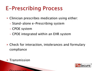 Clinician prescribes medication using either: Stand-alone e-Prescribing system CPOE system CPOE integrated within an EHR system Check for interaction, intolerances and formulary compliance Transmission  Dispensing 