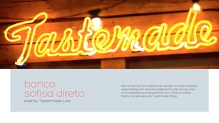 banco  
sofisa direto
evento Tastemade Live
Reunimos 200 formadores de opinião e influenciadores,
especialistas em diversos segmentos de temas, para
uma experiência inesquecível com o Banco Sofisa
Direto nos estúdios da Tastemade Brasil.
 