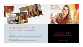 2.355.000de pessoas impactadas com a ação.
garnier fructis
lançamento do fructis vitaminados
Mobilizar as brasileiras em um movimento que motiva a troca
de receitas.
Supreender as mulheres com o lançamento de uma linha de
dia e traz o poder das suas milagrosas receitas a base de
produtos naturais.
Conquistar embaixadoras no período de lançamento. DURAÇÃO: 60 dias
 