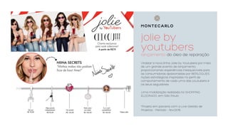 jolie by
youtubers
lançamento do óleo de reparação
Viralizar a nova linha Jolie by Youtubers por meio
de um grande evento de lançamento,
proporcionando experiências inesquecíveis para
as consumidoras apaixonadas por BERLOQUES.
Ações estratégicas inspiradas no perfil de
comportamento de cada uma das youtubers e
os seus seguidores.
Uma mobilização realizada no SHOPPING
ELDORADO, em São Paulo.
*Projeto em parceria com a Live Gestão de
Projetos - Período - fev/2016
 