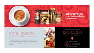 café iguaçu
posicionamento e presença digital
Ampliar os pontos de contato da marca com os
consumidores por meio de uma estratégia de
posicionamento e presença em ambientes
digitais.
12.000.000
Atualmente com mais de
de pessoas impactadas
365embalages de
200g, por mês,
são comercializadas
nas mídias sociais
 