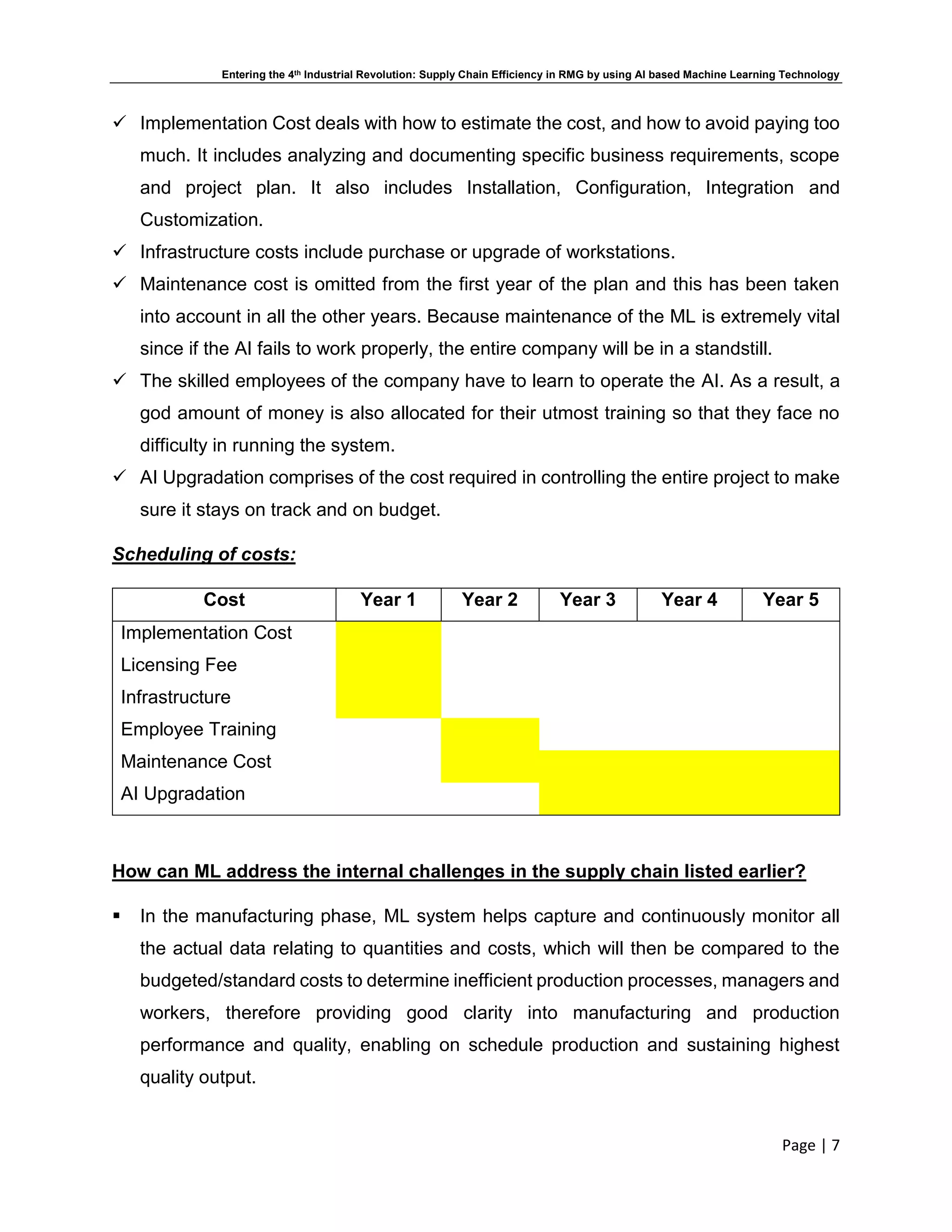 Entering the 4th Industrial Revolution: Supply Chain Efficiency in RMG by using AI based Machine Learning Technology
Page | 7
 Implementation Cost deals with how to estimate the cost, and how to avoid paying too
much. It includes analyzing and documenting specific business requirements, scope
and project plan. It also includes Installation, Configuration, Integration and
Customization.
 Infrastructure costs include purchase or upgrade of workstations.
 Maintenance cost is omitted from the first year of the plan and this has been taken
into account in all the other years. Because maintenance of the ML is extremely vital
since if the AI fails to work properly, the entire company will be in a standstill.
 The skilled employees of the company have to learn to operate the AI. As a result, a
god amount of money is also allocated for their utmost training so that they face no
difficulty in running the system.
 AI Upgradation comprises of the cost required in controlling the entire project to make
sure it stays on track and on budget.
Scheduling of costs:
Cost Year 1 Year 2 Year 3 Year 4 Year 5
Implementation Cost
Licensing Fee
Infrastructure
Employee Training
Maintenance Cost
AI Upgradation
How can ML address the internal challenges in the supply chain listed earlier?
 In the manufacturing phase, ML system helps capture and continuously monitor all
the actual data relating to quantities and costs, which will then be compared to the
budgeted/standard costs to determine inefficient production processes, managers and
workers, therefore providing good clarity into manufacturing and production
performance and quality, enabling on schedule production and sustaining highest
quality output.
 