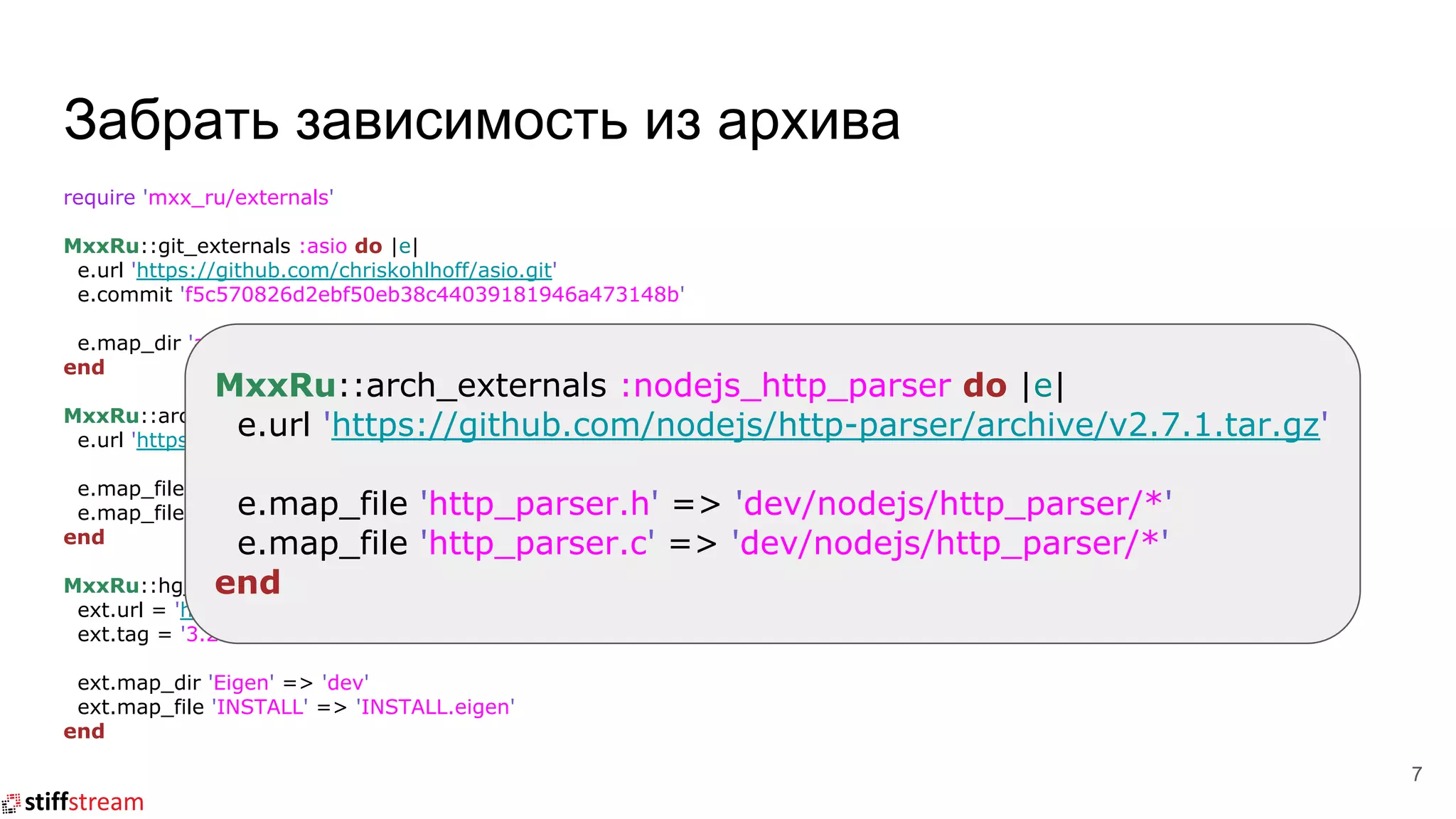Забрать зависимость из архива
require 'mxx_ru/externals'
MxxRu::git_externals :asio do |e|
e.url 'https://github.com/chriskohlhoff/asio.git'
e.commit 'f5c570826d2ebf50eb38c44039181946a473148b'
e.map_dir 'asio/include' => 'dev/asio'
end
MxxRu::arch_externals :nodejs_http_parser do |e|
e.url 'https://github.com/nodejs/http-parser/archive/v2.7.1.tar.gz'
e.map_file 'http_parser.h' => 'dev/nodejs/http_parser/*'
e.map_file 'http_parser.c' => 'dev/nodejs/http_parser/*'
end
MxxRu::hg_externals :eigen do |ext|
ext.url = 'https://bitbucket.org/eigen/eigen'
ext.tag = '3.2.5'
ext.map_dir 'Eigen' => 'dev'
ext.map_file 'INSTALL' => 'INSTALL.eigen'
end
7
MxxRu::arch_externals :nodejs_http_parser do |e|
e.url 'https://github.com/nodejs/http-parser/archive/v2.7.1.tar.gz'
e.map_file 'http_parser.h' => 'dev/nodejs/http_parser/*'
e.map_file 'http_parser.c' => 'dev/nodejs/http_parser/*'
end
 
