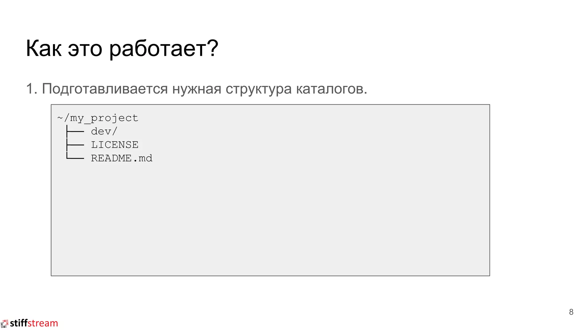 Как это работает?
1. Подготавливается нужная структура каталогов.
8
~/my_project
├── dev/
├── LICENSE
└── README.md
 