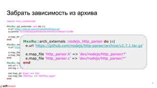 Забрать зависимость из архива
require 'mxx_ru/externals'
MxxRu::git_externals :asio do |e|
e.url 'https://github.com/chriskohlhoff/asio.git'
e.commit 'f5c570826d2ebf50eb38c44039181946a473148b'
e.map_dir 'asio/include' => 'dev/asio'
end
MxxRu::arch_externals :nodejs_http_parser do |e|
e.url 'https://github.com/nodejs/http-parser/archive/v2.7.1.tar.gz'
e.map_file 'http_parser.h' => 'dev/nodejs/http_parser/*'
e.map_file 'http_parser.c' => 'dev/nodejs/http_parser/*'
end
MxxRu::hg_externals :eigen do |ext|
ext.url = 'https://bitbucket.org/eigen/eigen'
ext.tag = '3.2.5'
ext.map_dir 'Eigen' => 'dev'
ext.map_file 'INSTALL' => 'INSTALL.eigen'
end
7
MxxRu::arch_externals :nodejs_http_parser do |e|
e.url 'https://github.com/nodejs/http-parser/archive/v2.7.1.tar.gz'
e.map_file 'http_parser.h' => 'dev/nodejs/http_parser/*'
e.map_file 'http_parser.c' => 'dev/nodejs/http_parser/*'
end
 