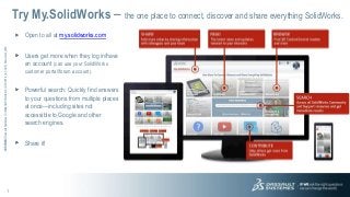 Try My.SolidWorks – the one place to connect, discover and share everything SolidWorks.
3DS.COM © Dassault Systèmes | Confidential Information | 2/21/2014 | ref.: 3DS_Document_2012

Open to all at my.solidworks.com

1

Users get more when they log in/have
an account (can use your SolidWorks
customer portal/forum account).

Powerful search: Quickly find answers
to your questions from multiple places
at once—including sites not
accessible to Google and other
search engines.
Share it!

 