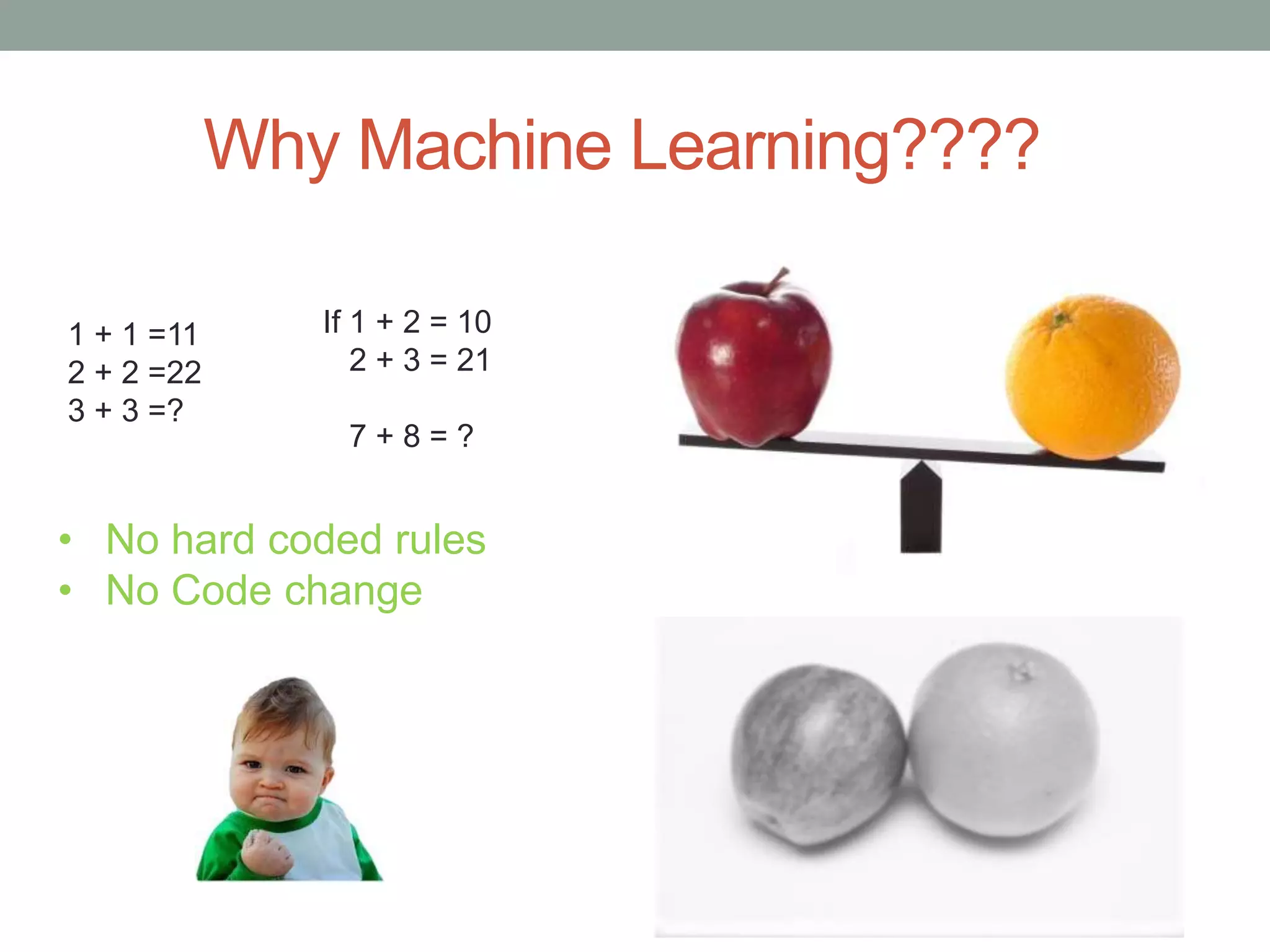 Why Machine Learning???? 1 + 1 =11 2 + 2 =22 3 + 3 =? If 1 + 2 = 10 2 + 3 = 21 7 + 8 = ? • No hard coded rules • No Code change 