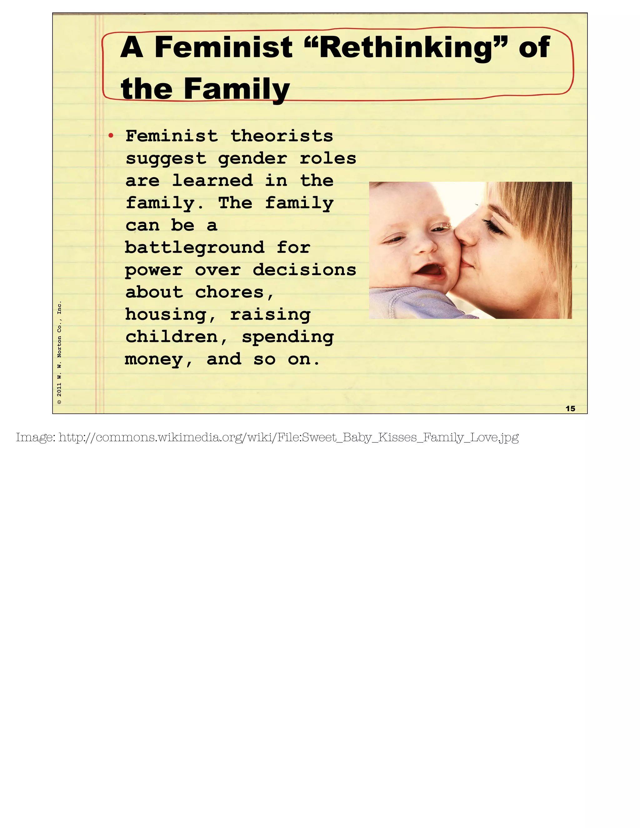 ©2011W.W.NortonCo.,Inc.
A Feminist “Rethinking” of
the Family
• Feminist theorists
suggest gender roles
are learned in the
family. The family
can be a
battleground for
power over decisions
about chores,
housing, raising
children, spending
money, and so on.
15
Image: http://commons.wikimedia.org/wiki/File:Sweet_Baby_Kisses_Family_Love.jpg
 