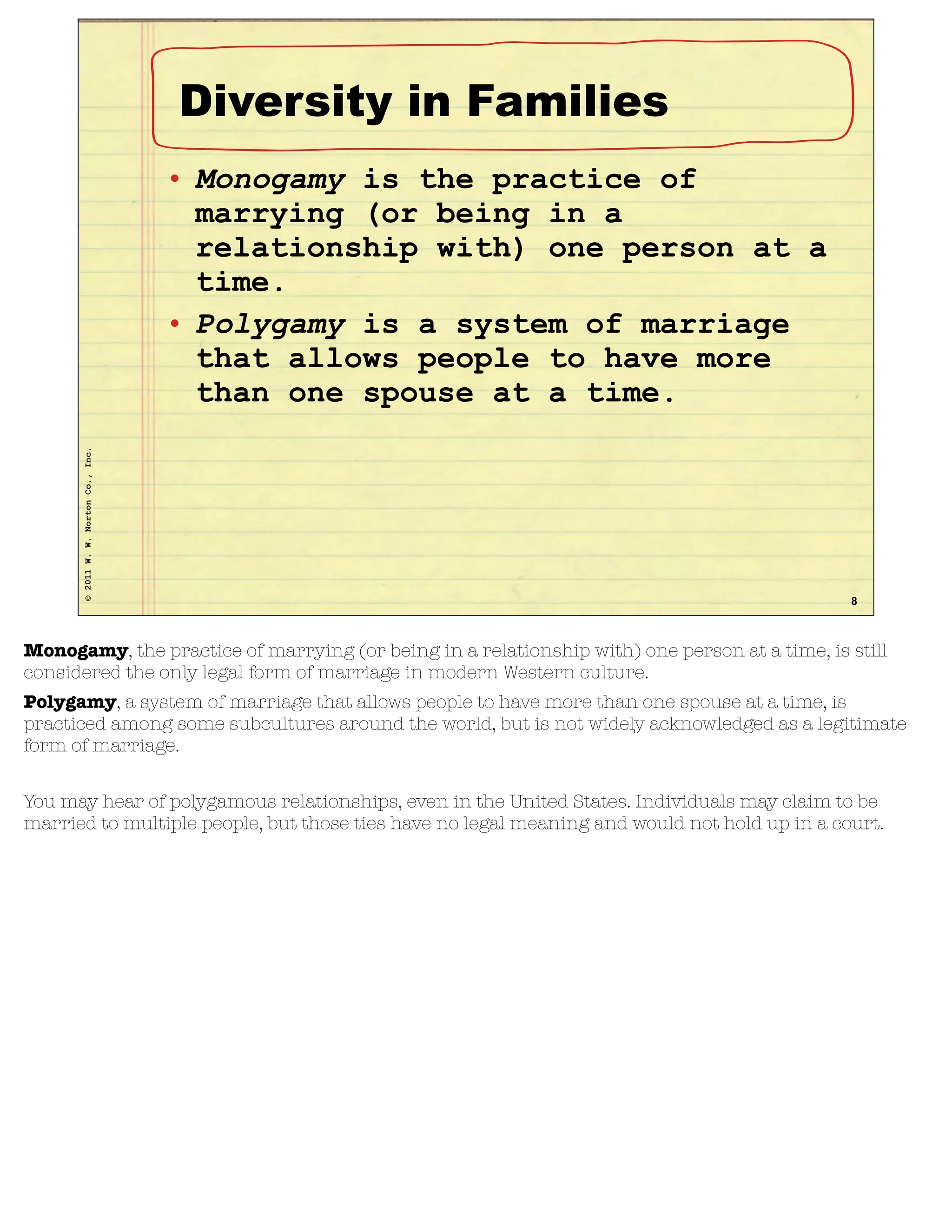 ©2011W.W.NortonCo.,Inc.
8
Diversity in Families
• Monogamy is the practice of
marrying (or being in a
relationship with) one person at a
time.
• Polygamy is a system of marriage
that allows people to have more
than one spouse at a time.
Monogamy, the practice of marrying (or being in a relationship with) one person at a time, is still
considered the only legal form of marriage in modern Western culture.
Polygamy, a system of marriage that allows people to have more than one spouse at a time, is
practiced among some subcultures around the world, but is not widely acknowledged as a legitimate
form of marriage.
You may hear of polygamous relationships, even in the United States. Individuals may claim to be
married to multiple people, but those ties have no legal meaning and would not hold up in a court.
 