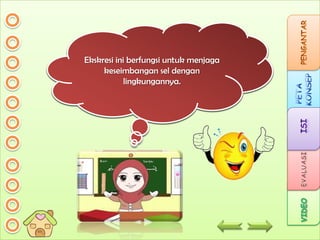 Kelebihan air, gas, garam-garam, dan
YAA..!
Ekskresi ini berfungsi untuk menjaga
Ekskresi adalah proses pengeluaranluar, tetapi
material organik diekskresikan ke zat-zat sisa
keseimbangan sel dengan
zat yang masih dibutuhkan untuk fungsi tubuh
metabolisme yang tidak digunakan lagi oleh
lingkungannya.
tubuh seperti keringat, urin, & gas CO2
disimpan.

 