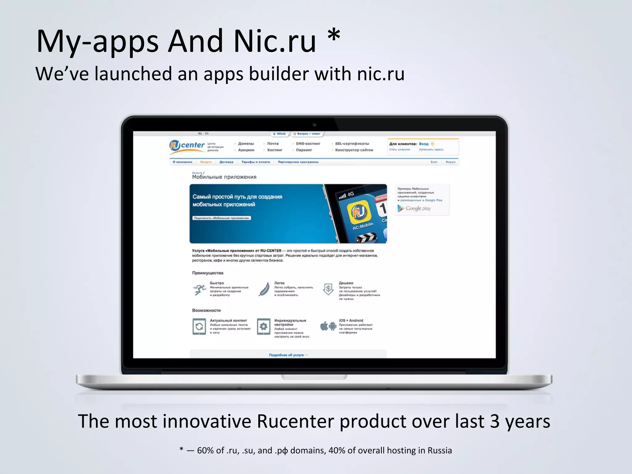 My-apps And Nic.ru *

We’ve launched an apps builder with nic.ru

The most innovative Rucenter product over last 3 years
* — 60% of .ru, .su, and .рф domains, 40% of overall hosting in Russia

 