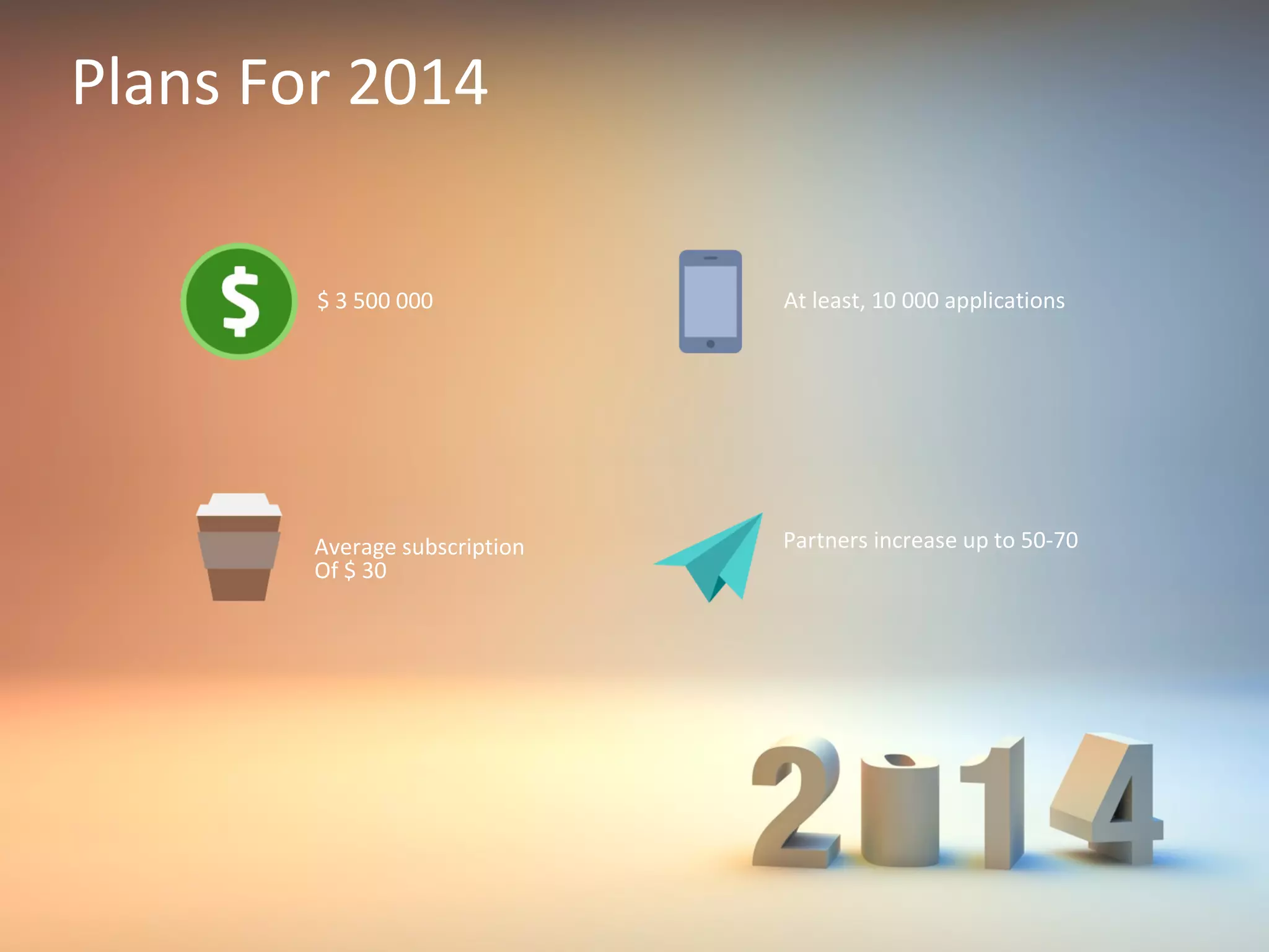Plans For 2014
$ 3 500 000

At least, 10 000 applications

Average subscription
Of $ 30

Partners increase up to 50-70

 