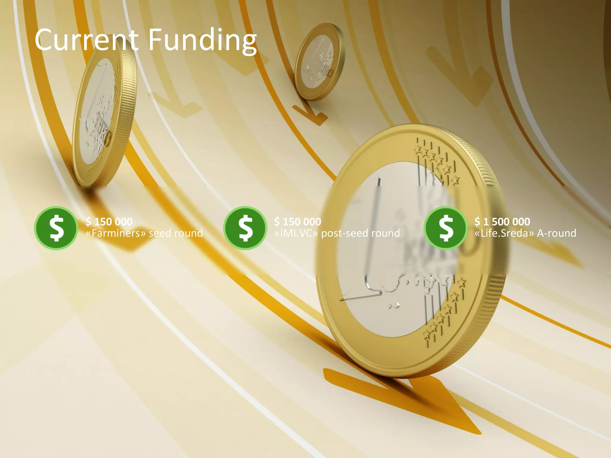 Current Funding

$ 150 000
«Farminers» seed round

$ 150 000
«IMI.VC» post-seed round

$ 1 500 000
«Life.Sreda» A-round

 