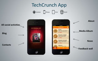 TechCrunch App

                                                 About
All social activities

                                         Media Album
Blog


                                                News
Contacts
                                         Feedback wall
 
