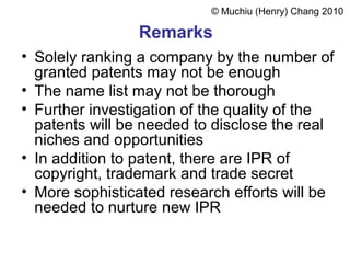 © Muchiu (Henry) Chang 2010
• Solely ranking a company by the number of
granted patents may not be enough
• The name list may not be thorough
• Further investigation of the quality of the
patents will be needed to disclose the real
niches and opportunities
• In addition to patent, there are IPR of
copyright, trademark and trade secret
• More sophisticated research efforts will be
needed to nurture new IPR
Remarks
 