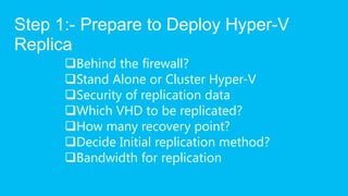 Step 1:- Prepare to Deploy Hyper-V
Replica
      Behind the firewall?
      Stand Alone or Cluster Hyper-V
      Securi...