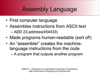 Assembly Language First computer language Assembles instructions from ASCII text ADD 23,address(454433) Made programs human-readable (sort of!) An “assembler” creates the machine-language instructions from the code A program that outputs another program 