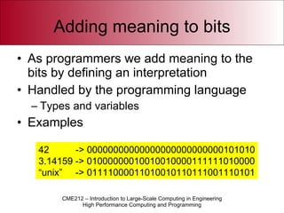 Adding meaning to bits As programmers we add meaning to the bits by defining an interpretation Handled by the programming language Types and variables Examples 42  -> 00000000000000000000000000101010 3.14159 -> 01000000010010010000111111010000 “ unix”  -> 01111000011010010110111001110101 
