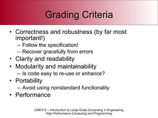 Grading Criteria Correctness and robustness (by far most important!) Follow the specification! Recover gracefully from errors Clarity and readability Modularity and maintainability Is code easy to re-use or enhance? Portability Avoid using nonstandard functionality Performance 