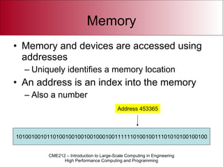 Memory Memory and devices are accessed using addresses Uniquely identifies a memory location An address is an index into the memory Also a number 10100100101101001001001001000100111111010010011101010100100100 Address 453365 