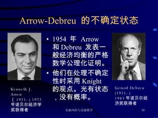 Arrow-Debreu  的不确定状态 1954  年  Arrow  和 Debreu  发表一般经济均衡的严格数学公理化证明。 他们在处理不确定性时采用 Knight  的观点。光有状态，没有概率。 Kenneth J. Arrow  （ 1921-) 1972 年诺贝尔经济学奖获得者 Gerard Debreu (1921-) 1983 年诺贝尔经济奖获得者 