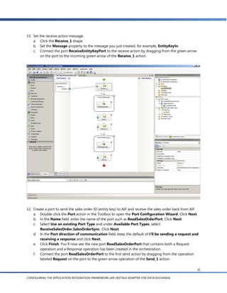 11. Set the receive action message.
    a. Click the Receive_1 shape.
    b. Set the Message property to the message you just created, for example, EntityKeyIn.
    c. Connect the port ReceiveEntityKeyPort to the receive action by dragging from the green arrow
         on the port to the incoming green arrow of the Receive_1 action.




12. Create a port to send the sales order ID (entity key) to AIF and receive the sales order back from AIF.
    a. Double-click the Port action in the Toolbox to open the Port Configuration Wizard. Click Next.
    b. In the Name field, enter the name of the port such as ReadSalesOrderPort. Click Next.
    c. Select Use an existing Port Type and under Available Port Types, select
        ReceiveSalesOrder.SalesOrderSync. Click Next.
    d. In the Port direction of communication field, keep the default of I’ll be sending a request and
        receiving a response and click Next.
    e. Click Finish. You’ll now see the new port ReadSalesOrderPort that contains both a Request
        operation and a Response operation has been created in the orchestration.
    f. Connect the port ReadSalesOrderPort to the first send action by dragging from the operation
        labeled Request on the port to the green arrow operation of the Send_1 action.

                                                                                                          35

CONFIGURING THE APPLICATION INTEGRATION FRAMEWORK (AIF) BIZTALK ADAPTER FOR DATA EXCHANGE
 
