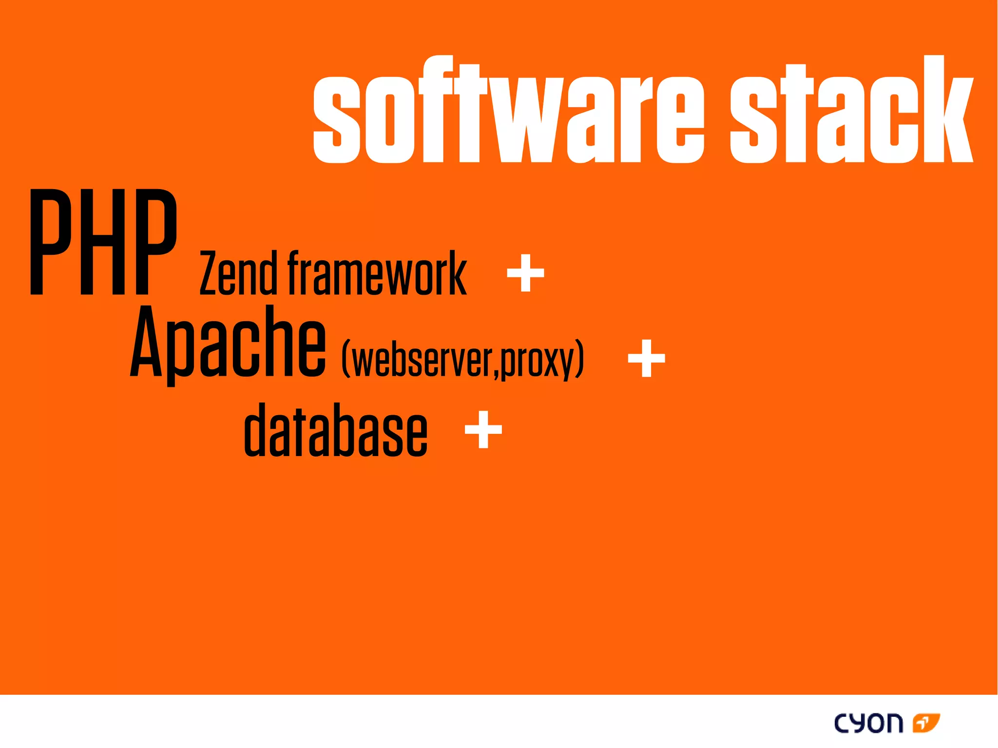 software stack
PHP Zend framework +
   Apache (webserver,proxy)   +
        database    +
 
