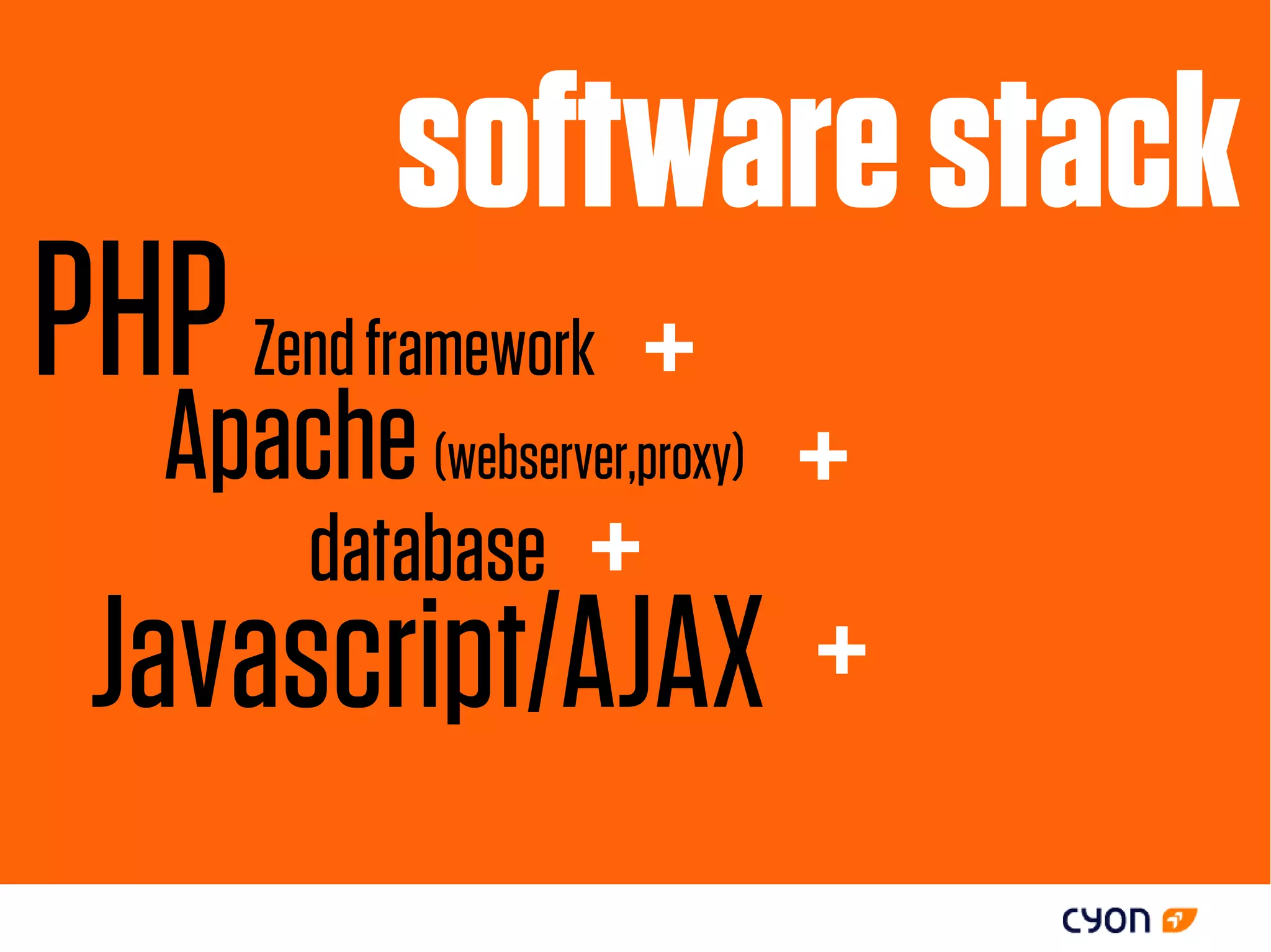 software stack
PHP Zend framework +
   Apache (webserver,proxy)
                 +
      database +
 Javascript/AJAX +
 