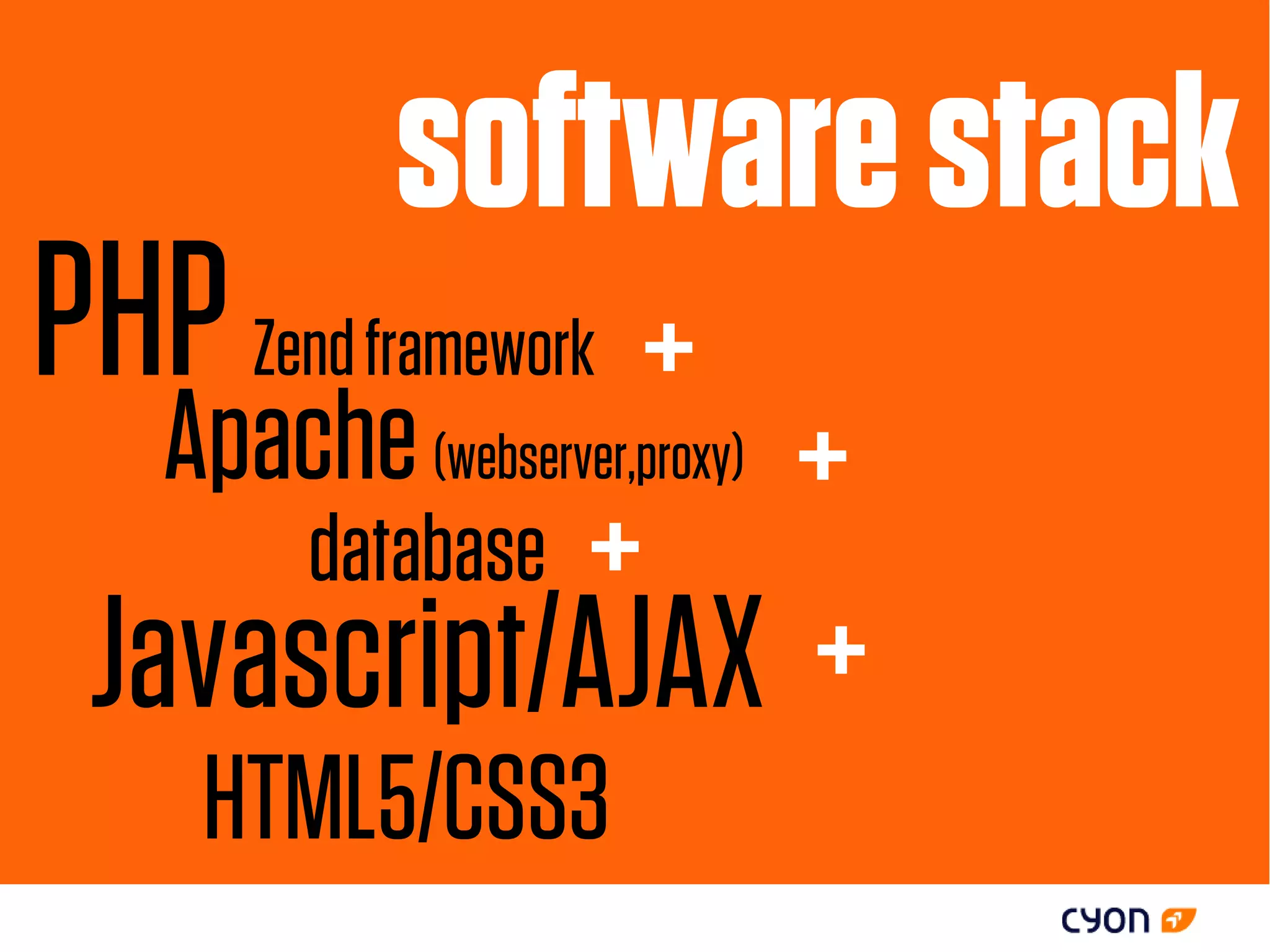 software stack
PHP Zend framework +
   Apache (webserver,proxy)
                 +
      database +
 Javascript/AJAX +
     HTML5/CSS3
 