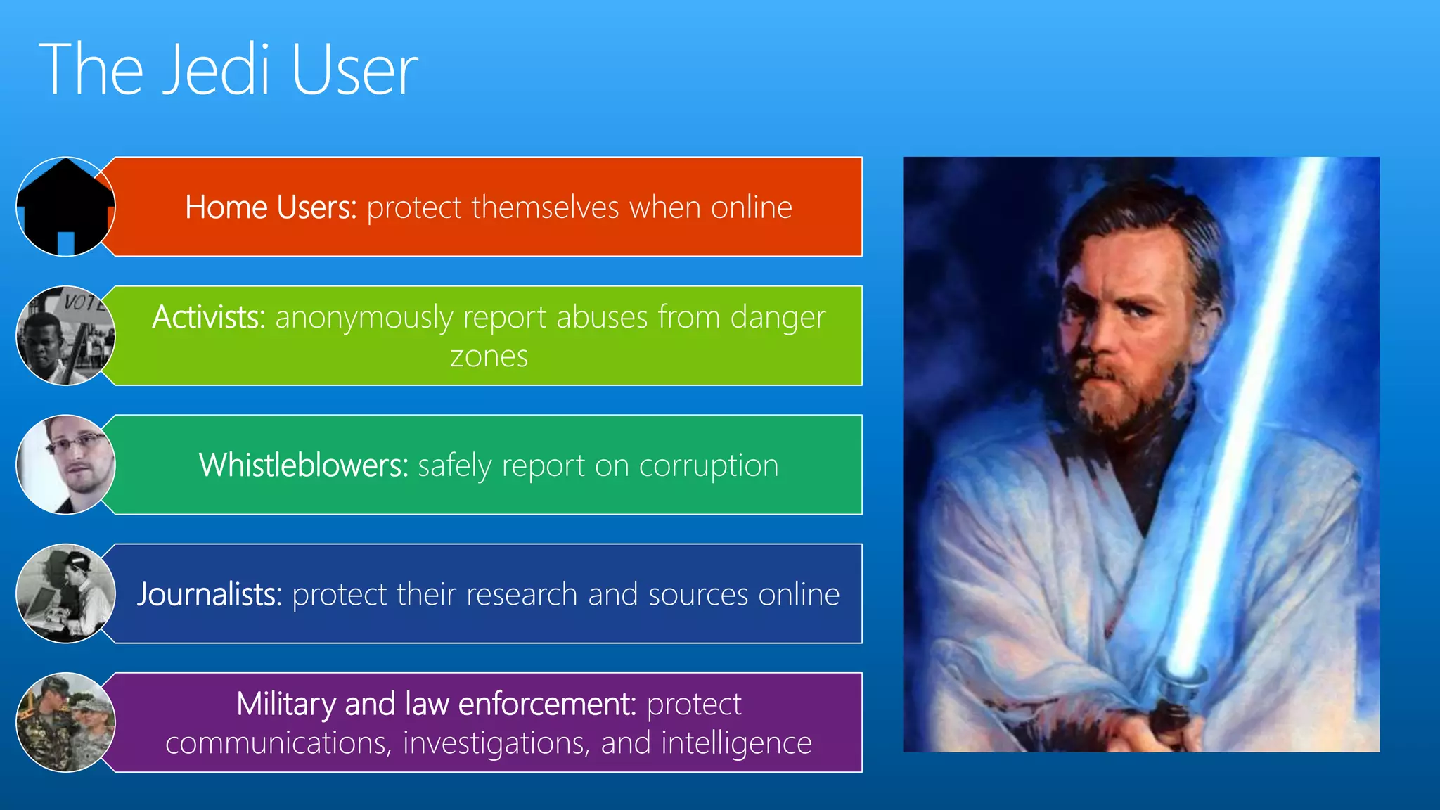 Home Users: protect themselves when online
Activists: anonymously report abuses from danger
zones
Whistleblowers: safely report on corruption
Journalists: protect their research and sources online
Military and law enforcement: protect
communications, investigations, and intelligence
 