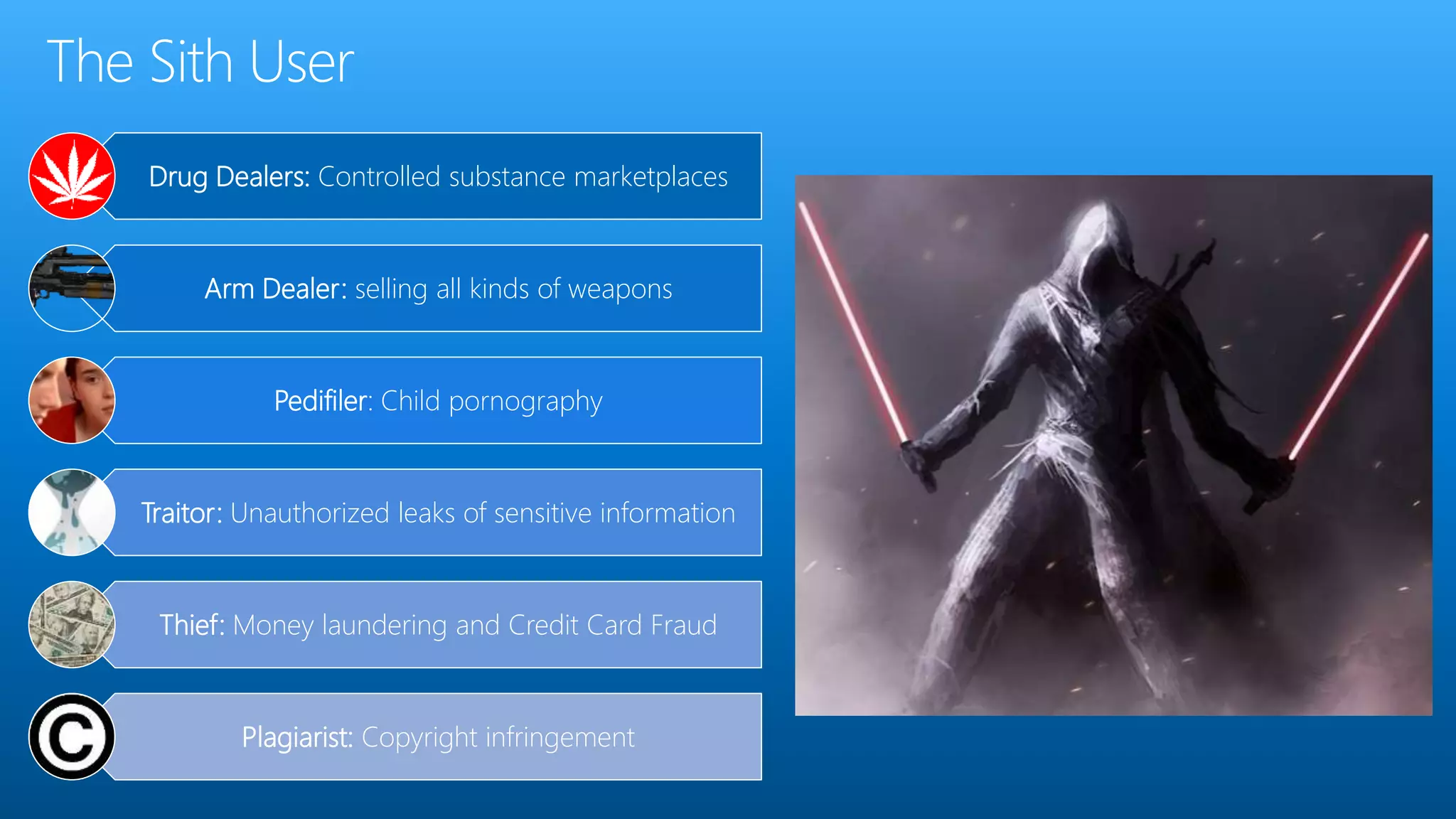 Drug Dealers: Controlled substance marketplaces
Arm Dealer: selling all kinds of weapons
Pedifiler: Child pornography
Traitor: Unauthorized leaks of sensitive information
Thief: Money laundering and Credit Card Fraud
Plagiarist: Copyright infringement
 