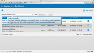 Filter Controls
The ﬁlter controls allow you to display devices matching given keywords
or tags. You can also switch between online, oﬄine or all devices.
 