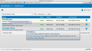 IP Address
The externally visible IP address of the device.
In most cases this is the address of the NAT router the device uses to
connect to the internet.
 